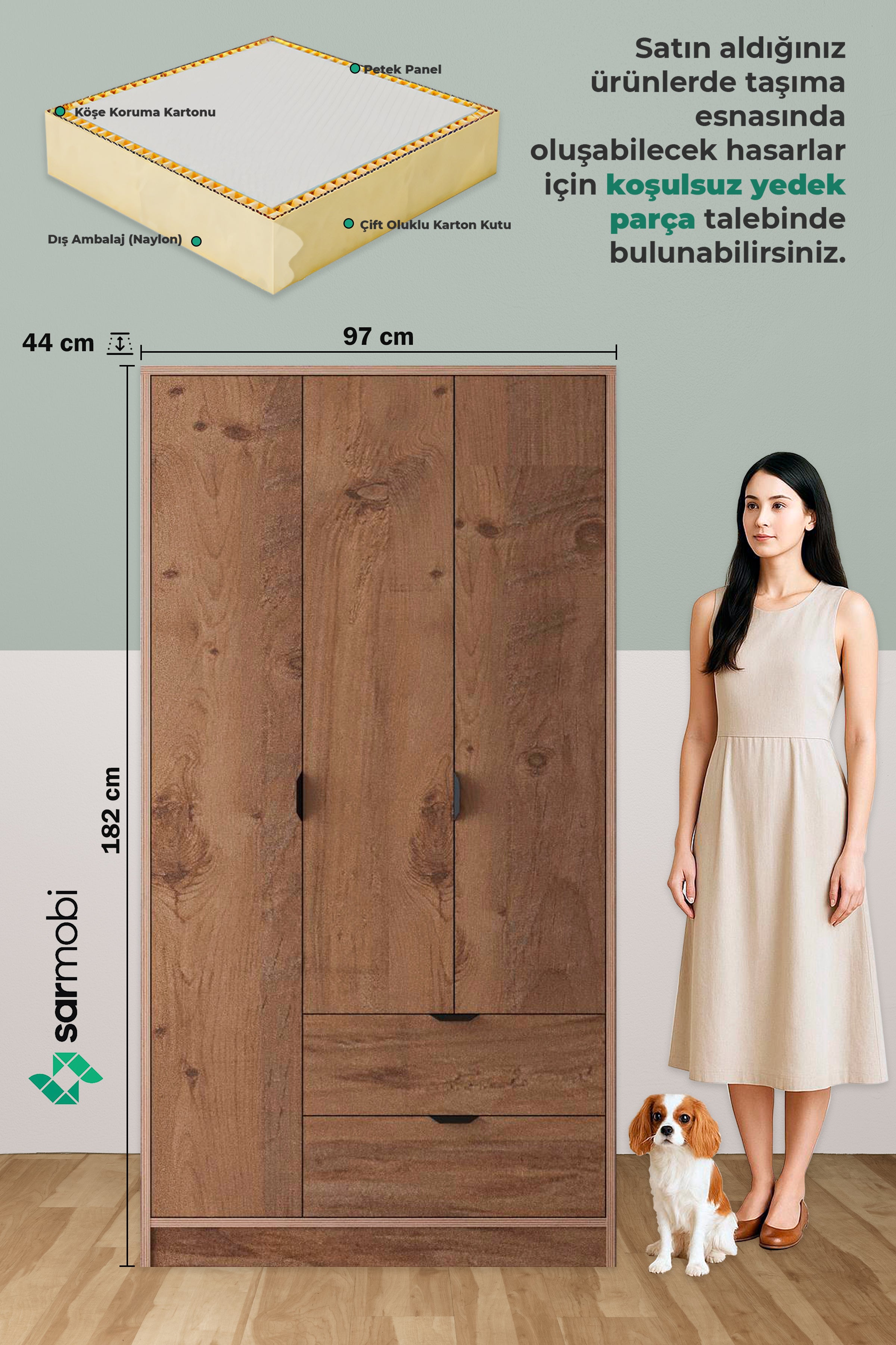 Arden 3 Kapaklı 2 Çekmeceli Dolap - Atlas Çam - Sarmobi