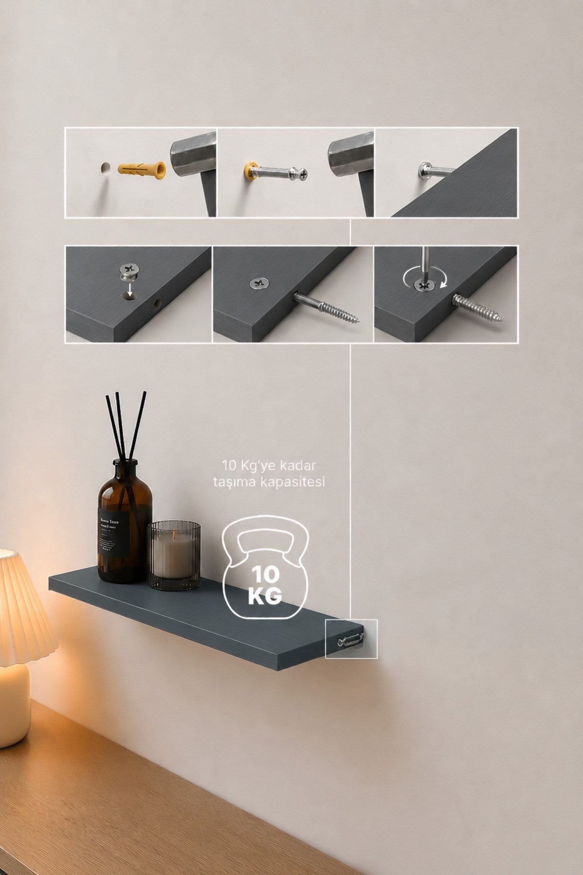 Harmony 3 Raflı Gizli Monte Uçan Raf 50*15 cm Antrasit