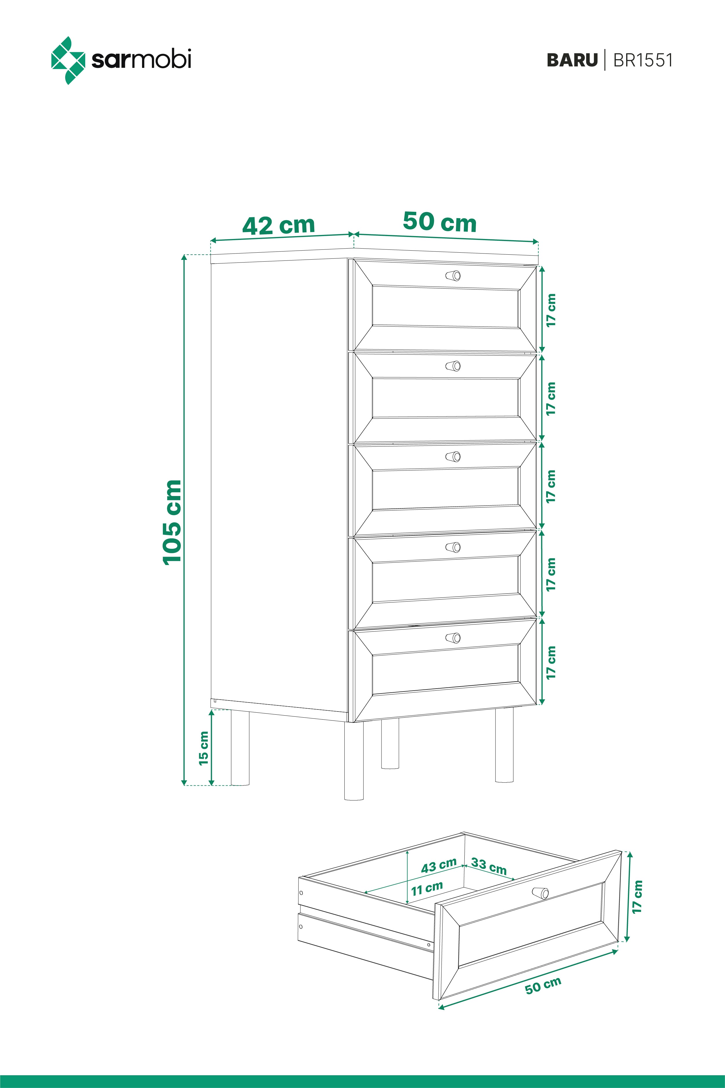 Baru 5 Çekmeceli Şifonyer/Çamaşırlık Y:105 G:50 D:42 / Cadiz Meşe