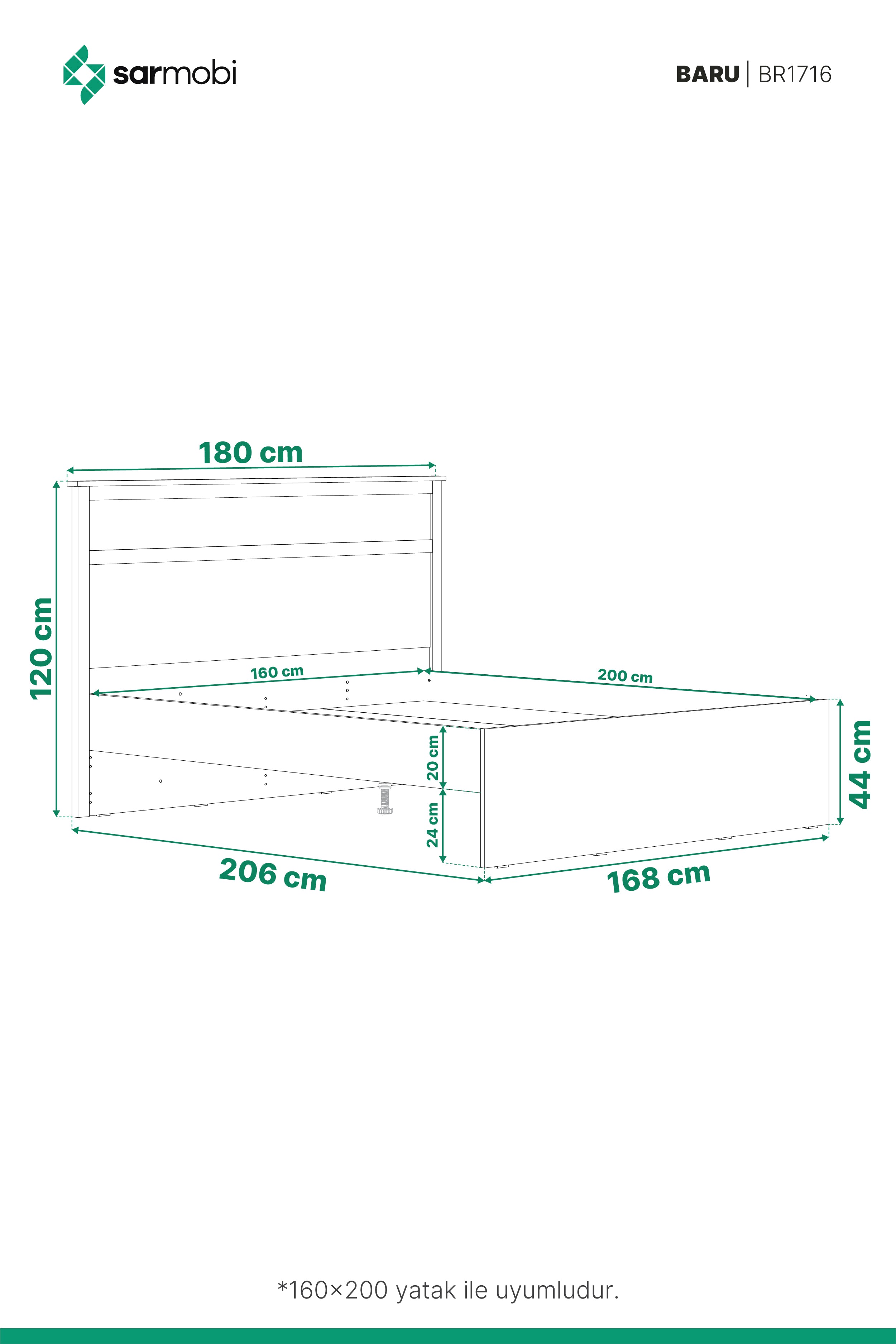 Baru Karyola 160x200 Y:120 G:180 D:206 / Cadiz Meşe