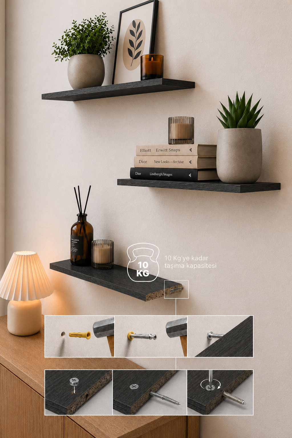 Harmony 3 Raflı Gizli Monte Uçan Raf 50*15 cm