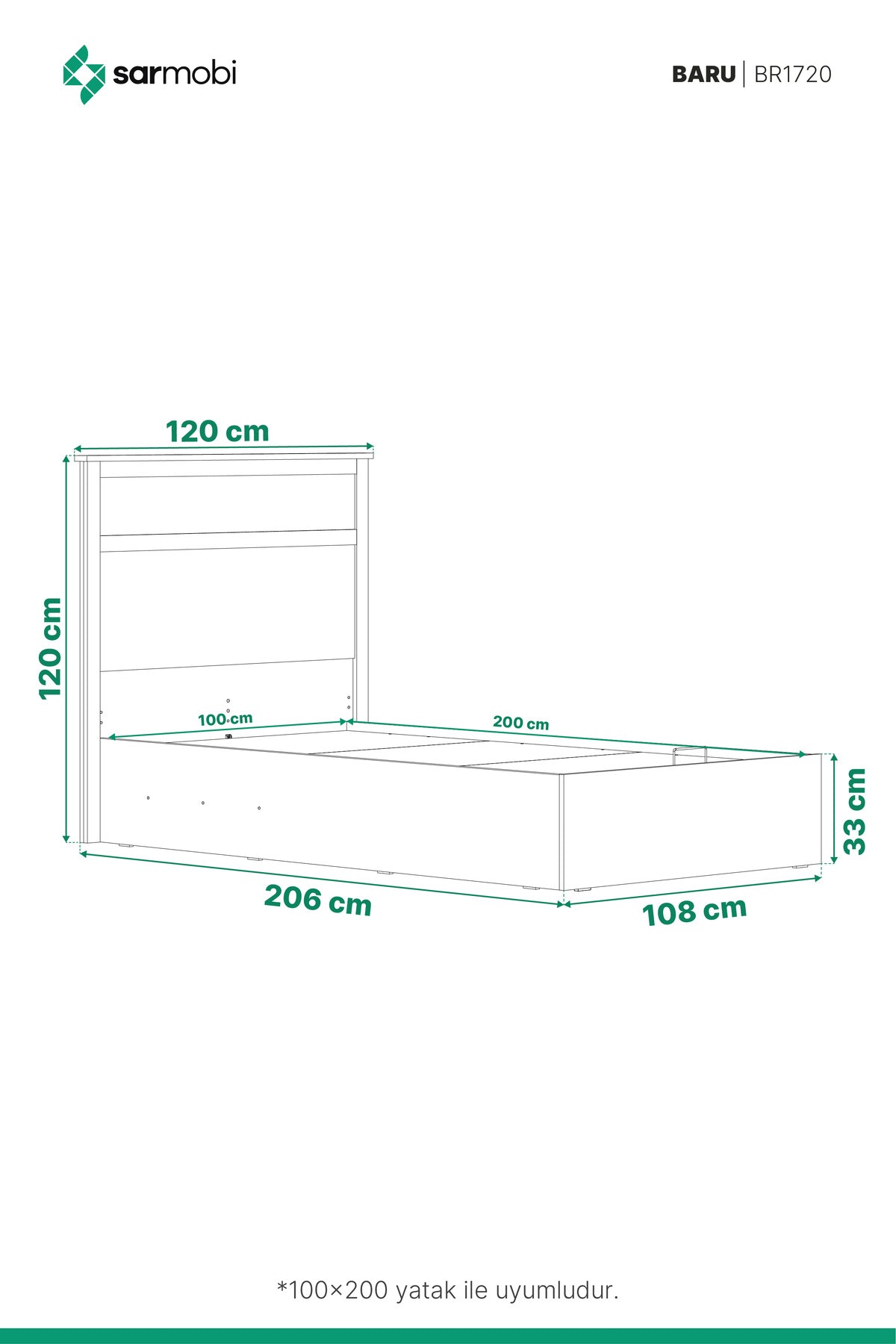 Baru Low Baza 100x200 Y:120 G:120 D:206 / Cadiz Meşe