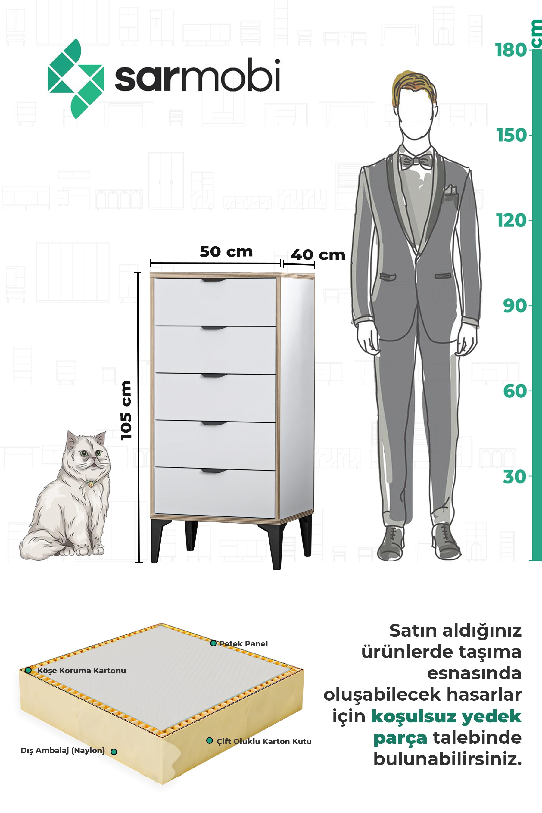 Arden 5 Çekmeceli Şifonyer , Çamaşırlık - Beyaz - Sarmobi