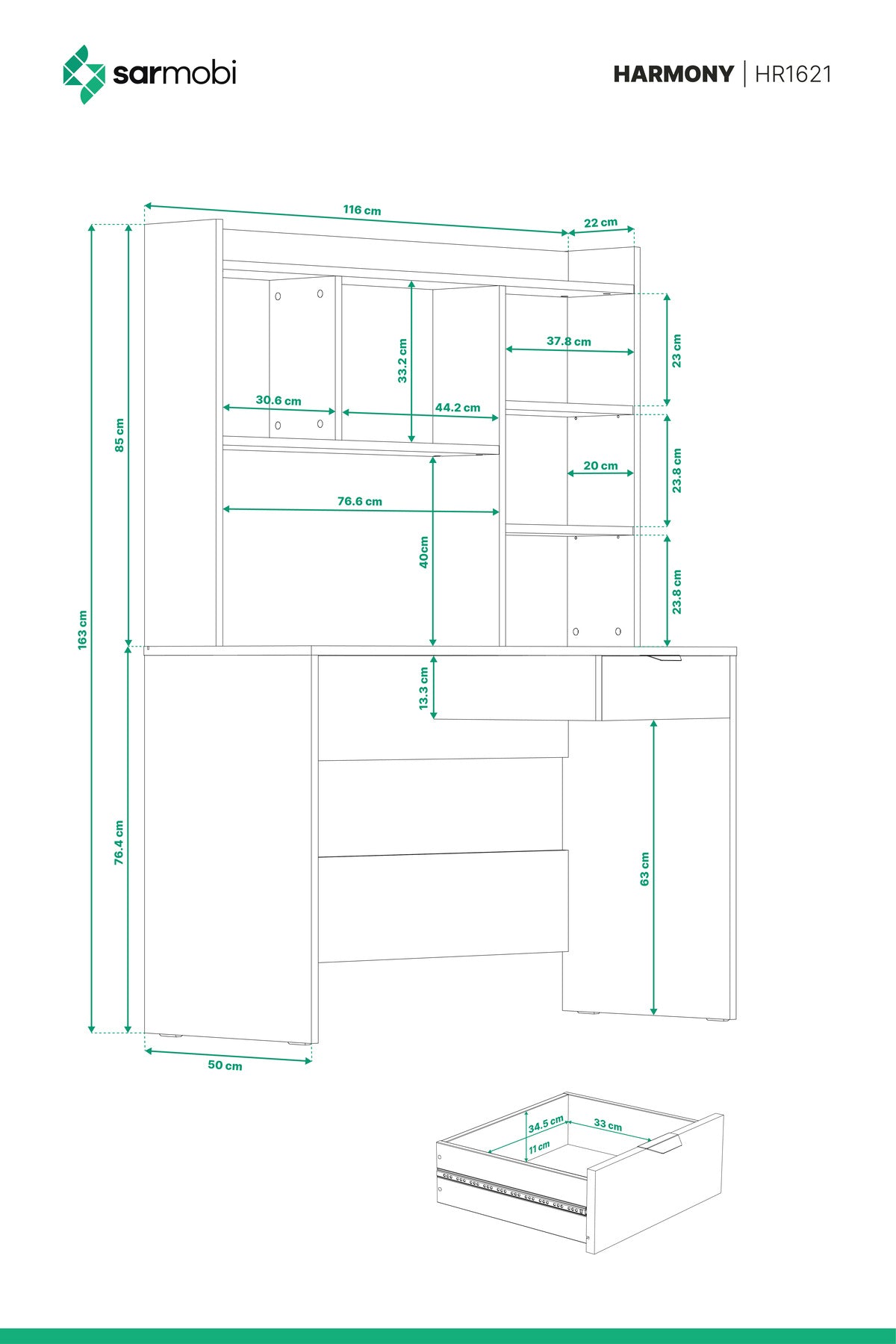 Harmony Raflı, Çekmeceli Kesonlu Çalışma Masası Y:163 G:120 D:50