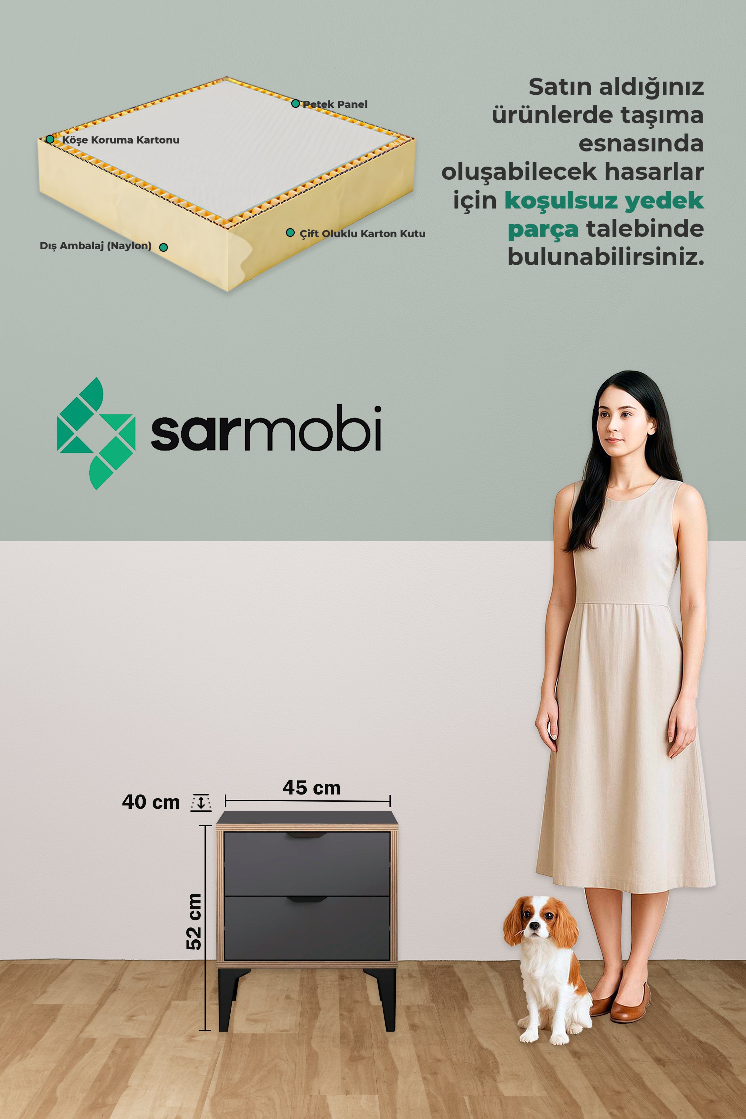 Arden 2 Çekmeceli Komodin - Ceviz Antrasit - Sarmobi