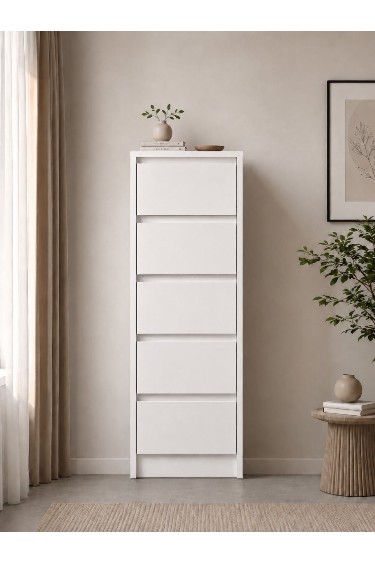 Nolm 5 Çekmeceli Yüksek Şifonyer/Çamaşırlık Y:122 D:40 G:40 / Beyaz