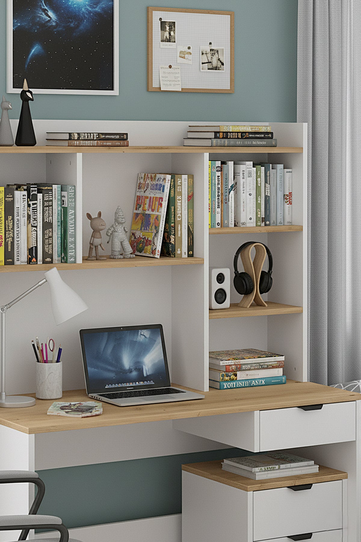 Harmony Raflı, Çekmeceli Çalışma Masası + Keson Beyaz - Cadiz | Sarmobi