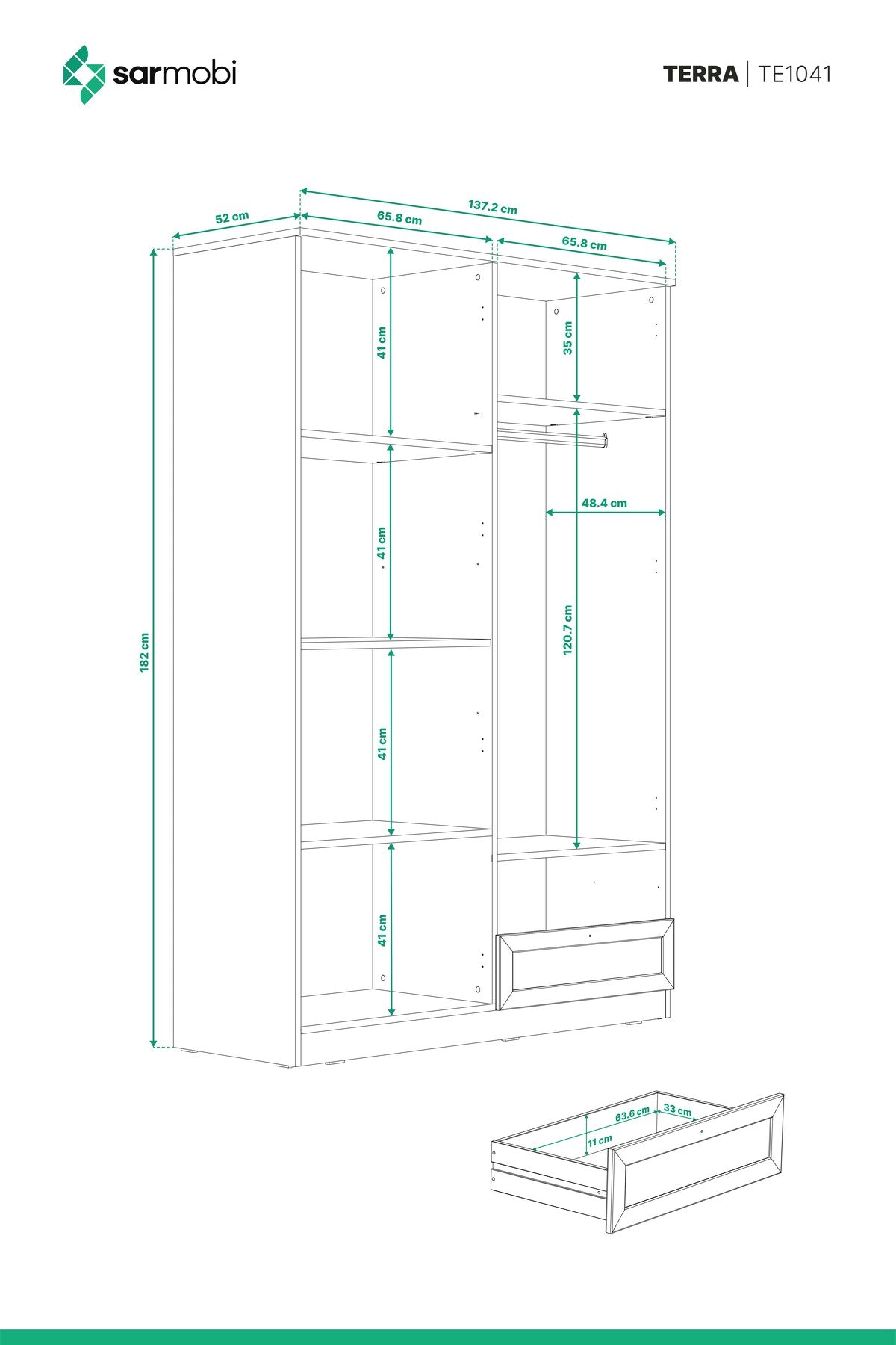 Terra 4 Kapaklı 2 Çekmeceli Gardırop/Dolap 137x210x52 cm – Modern Tasarım - görsel 6 | Sarmobi