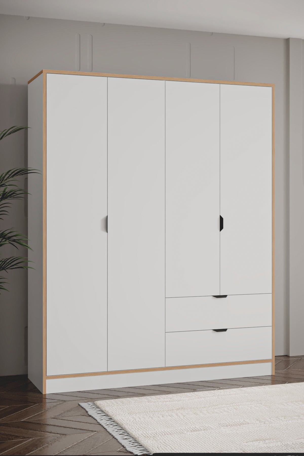 Arden 4 Kapaklı 2 Çekmeceli Dolap (+35 cm) - Beyaz - Sarmobi
