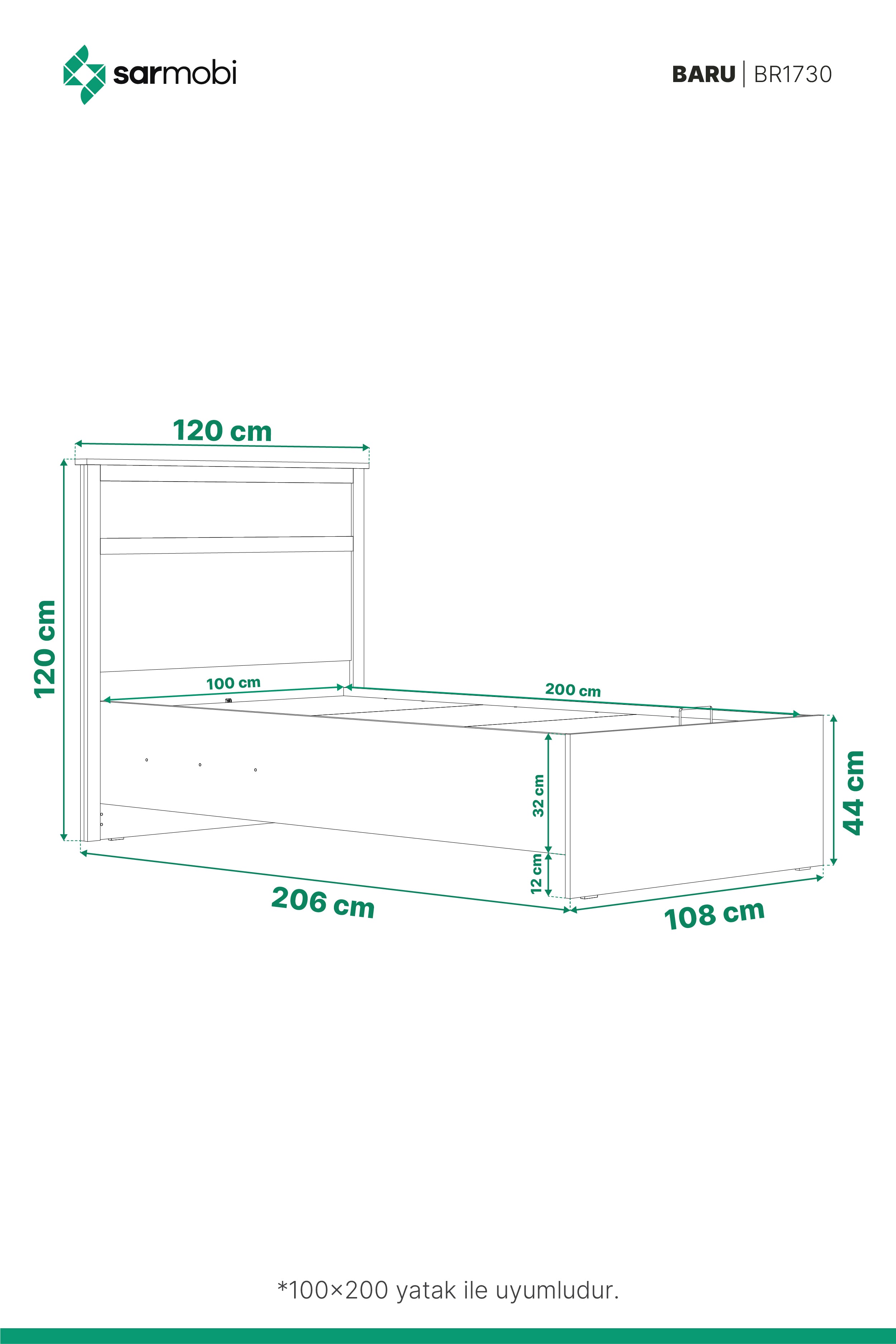 Baru Baza 100x200 Y:120 G:120 D:206 / Cadiz Meşe