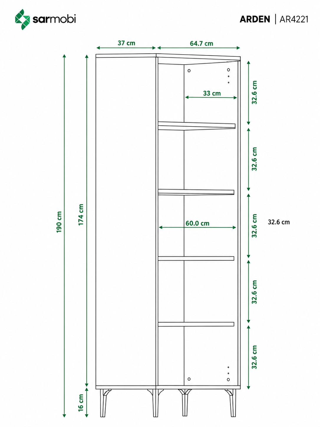 Arden 2 Kapaklı Çok Amaçlı Mutfak/Kiler Dolabı 65x190x37 cm