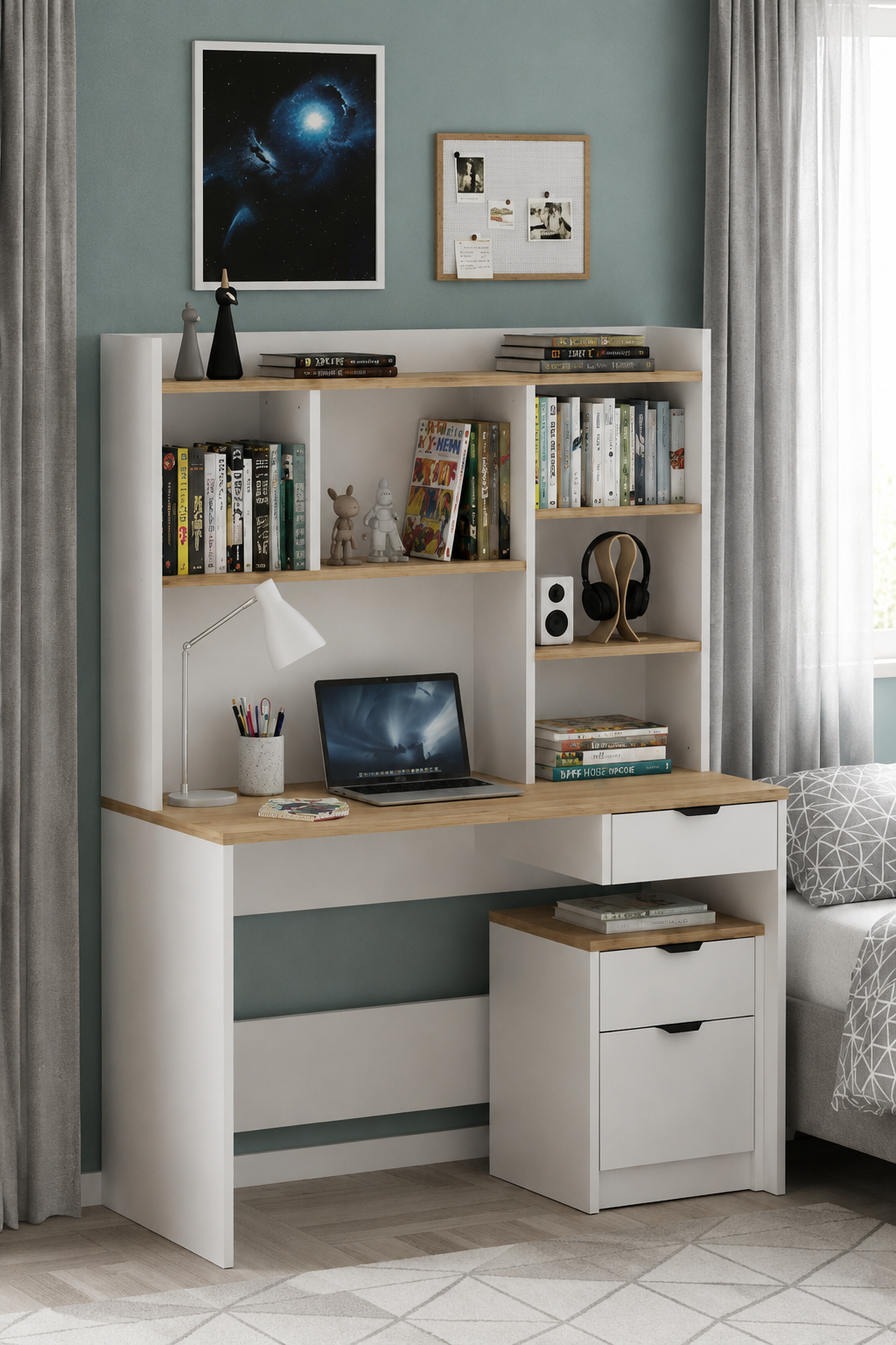 Harmony Raflı, Çekmeceli Kesonlu Çalışma Masası 120x163x50 cm Beyaz/Meşe – Modern Tasarım