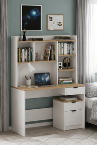 Harmony Raflı, Çekmeceli Kesonlu Çalışma Masası 120x163x50 cm Beyaz/Meşe – Modern Tasarım