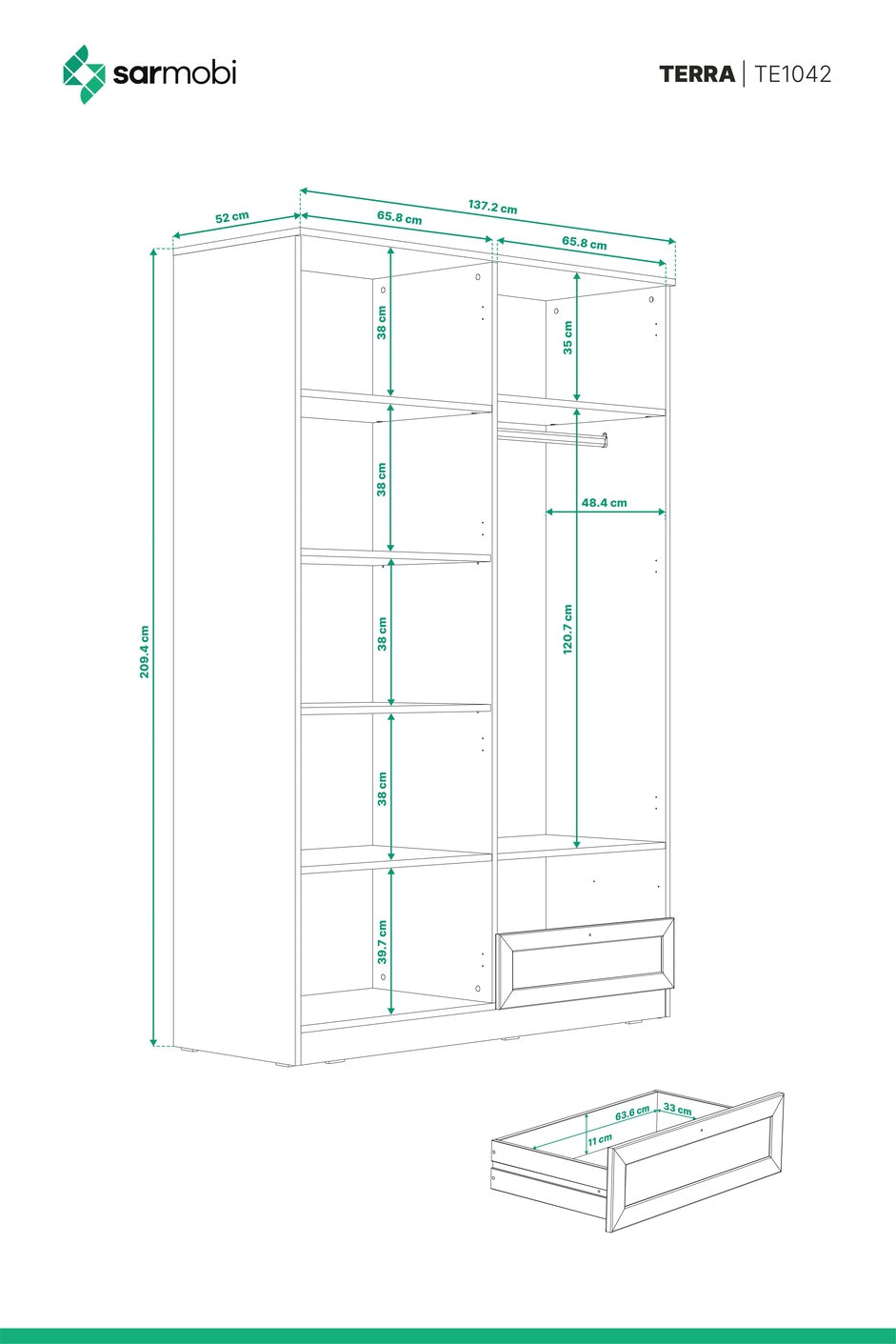 Terra 4 Kapaklı 2 Çekmeceli Dolap | 182 ve 210 cm | Sarmobi