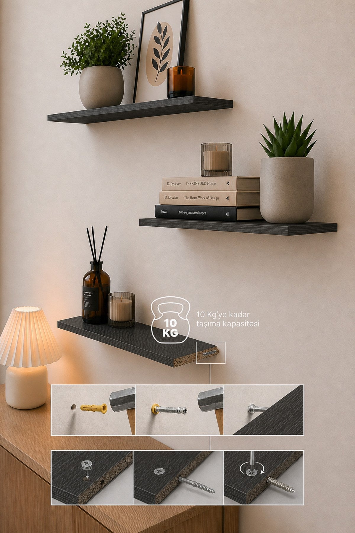 Harmony 3 Raflı Gizli Monte Uçan Raf 50*15 cm