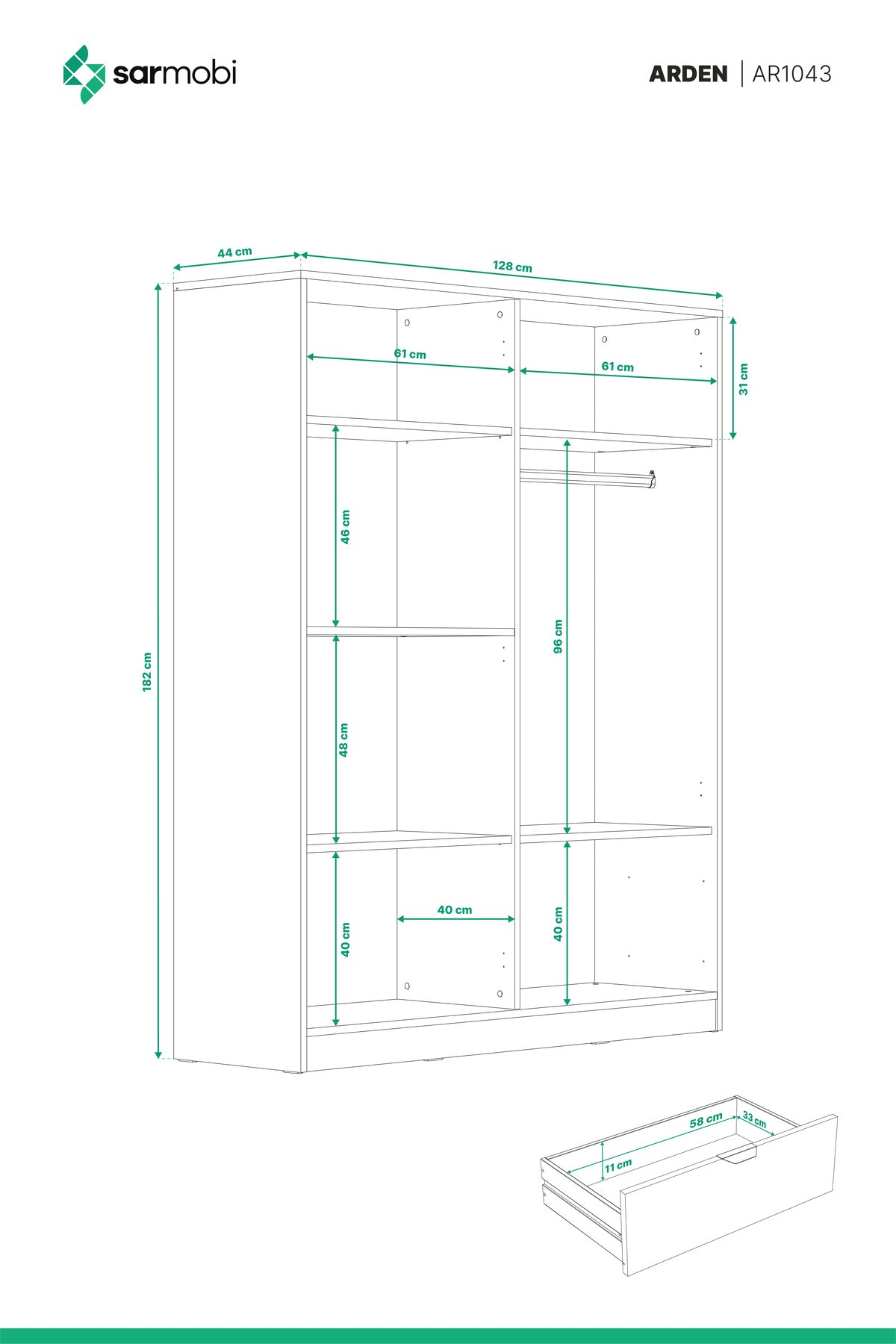 Arden 4 Kapaklı 2 Çekmeceli Gardırop/Dolap 128x182x44 cm Beyaz – Modern Tasarım