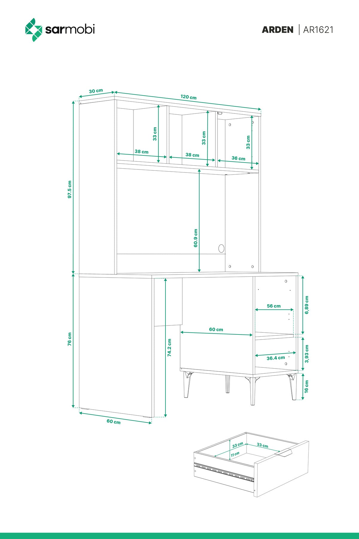 Arden Raflı Çalışma Masası Y:174 G:120 D:60