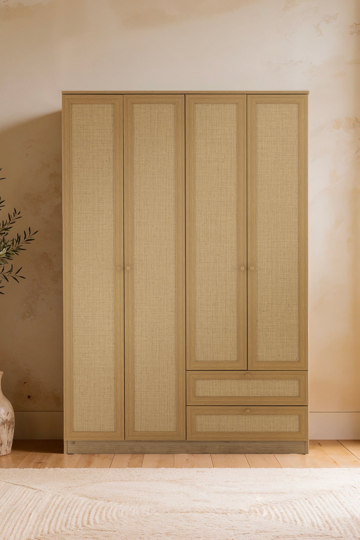 Baru 4 Kapaklı 2 Çekmeceli Gardırop Y:210 G:137 D:52 / Cadiz Meşe