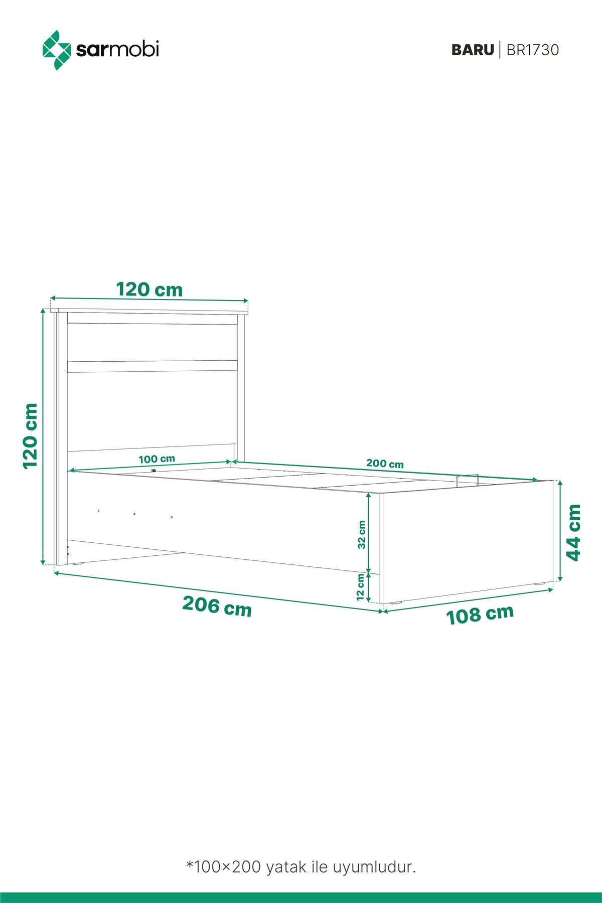 Baru Baza 100x200 Y:120 G:120 D:206 / Cadiz Meşe