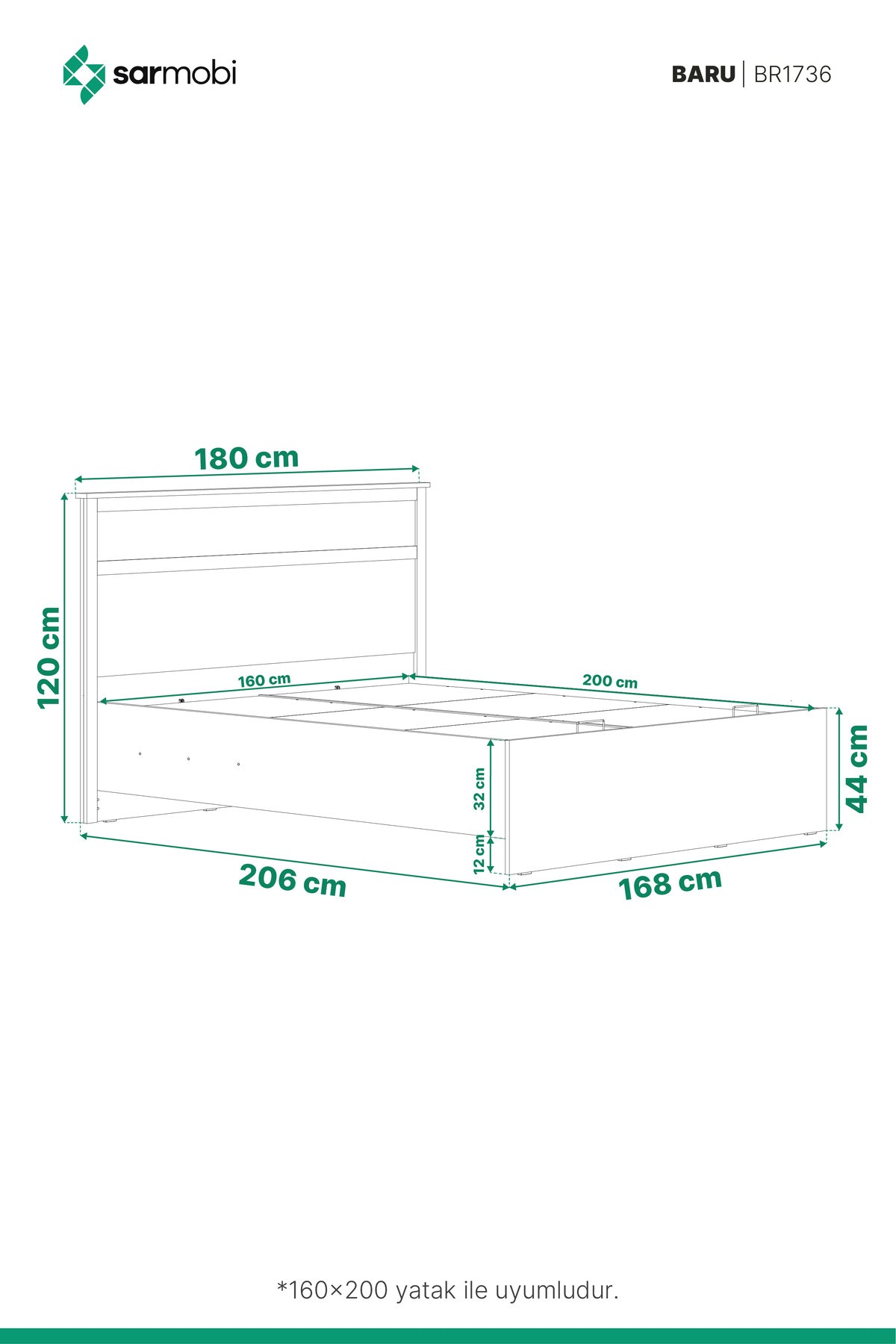 Baru Baza 160x200 Y:120 G:180 D:206 / Cadiz Meşe