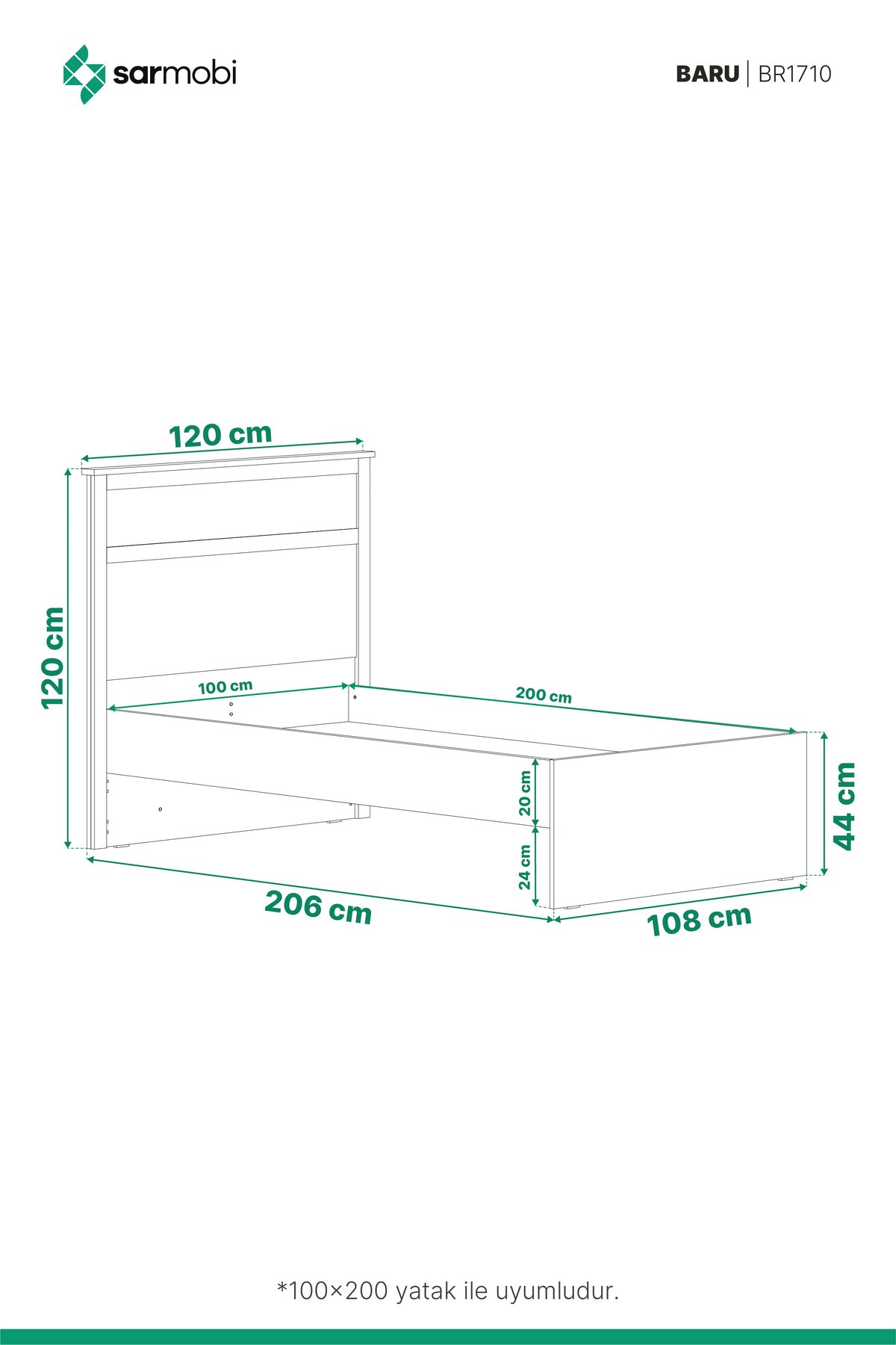 Baru Karyola 100x200 Y:120 G:120 D:206 / Cadiz Meşe