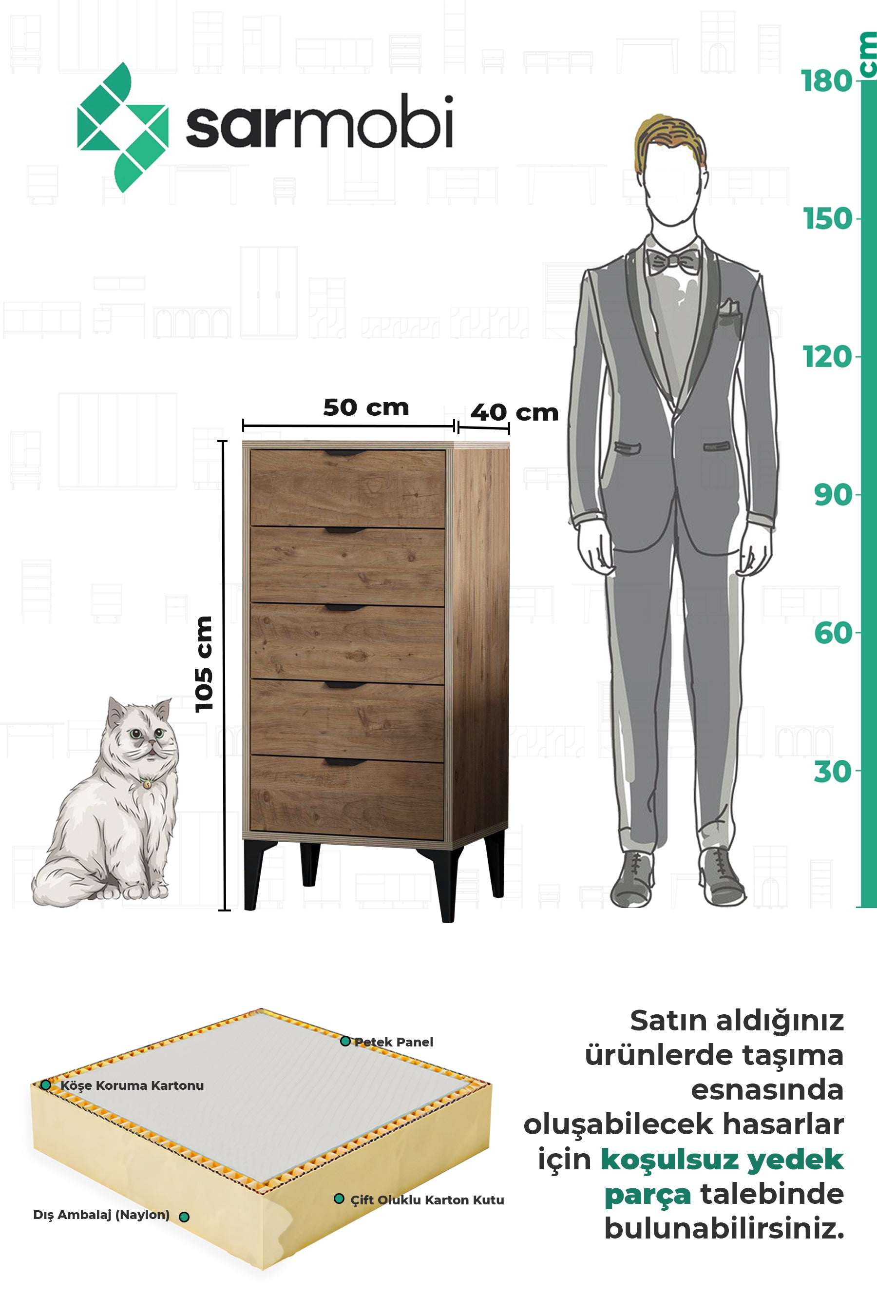 Arden 5 Çekmeceli Şifonyer , Çamaşırlık - Atlas Çam - Sarmobi