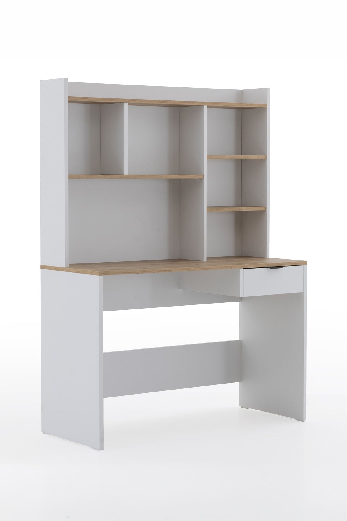Harmony Raflı, Çekmeceli Çalışma Masası 120x163x50 cm Beyaz/Meşe – Modern Tasarım
